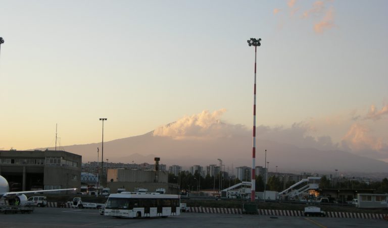 Mount Etna seen from the apron of Catania Fontanarossa airport in Sicily