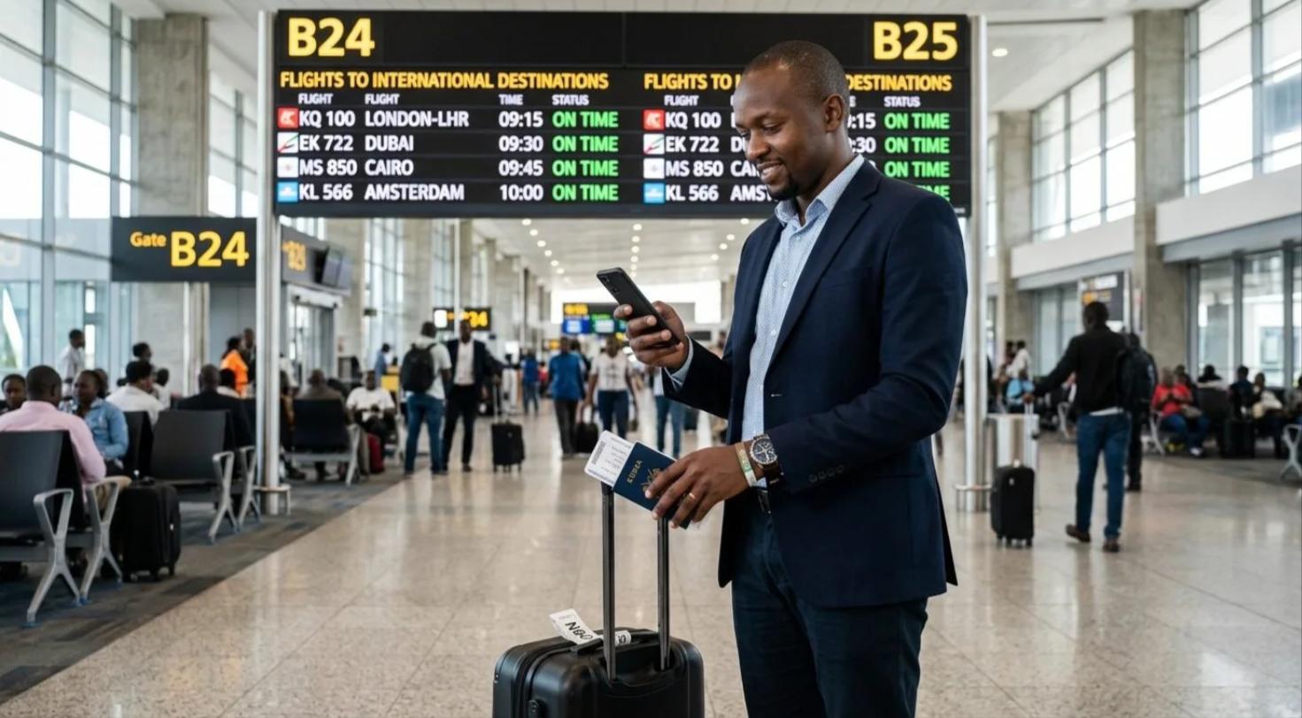 Traveller using a smartphone at an airport departure gate