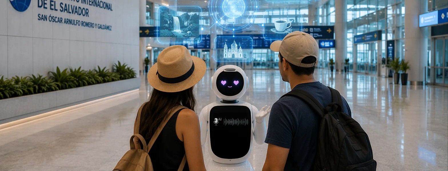 Travellers and a robot assistant in an El Salvador airport terminal, illustrating the World Tourism Day 2026 AI theme