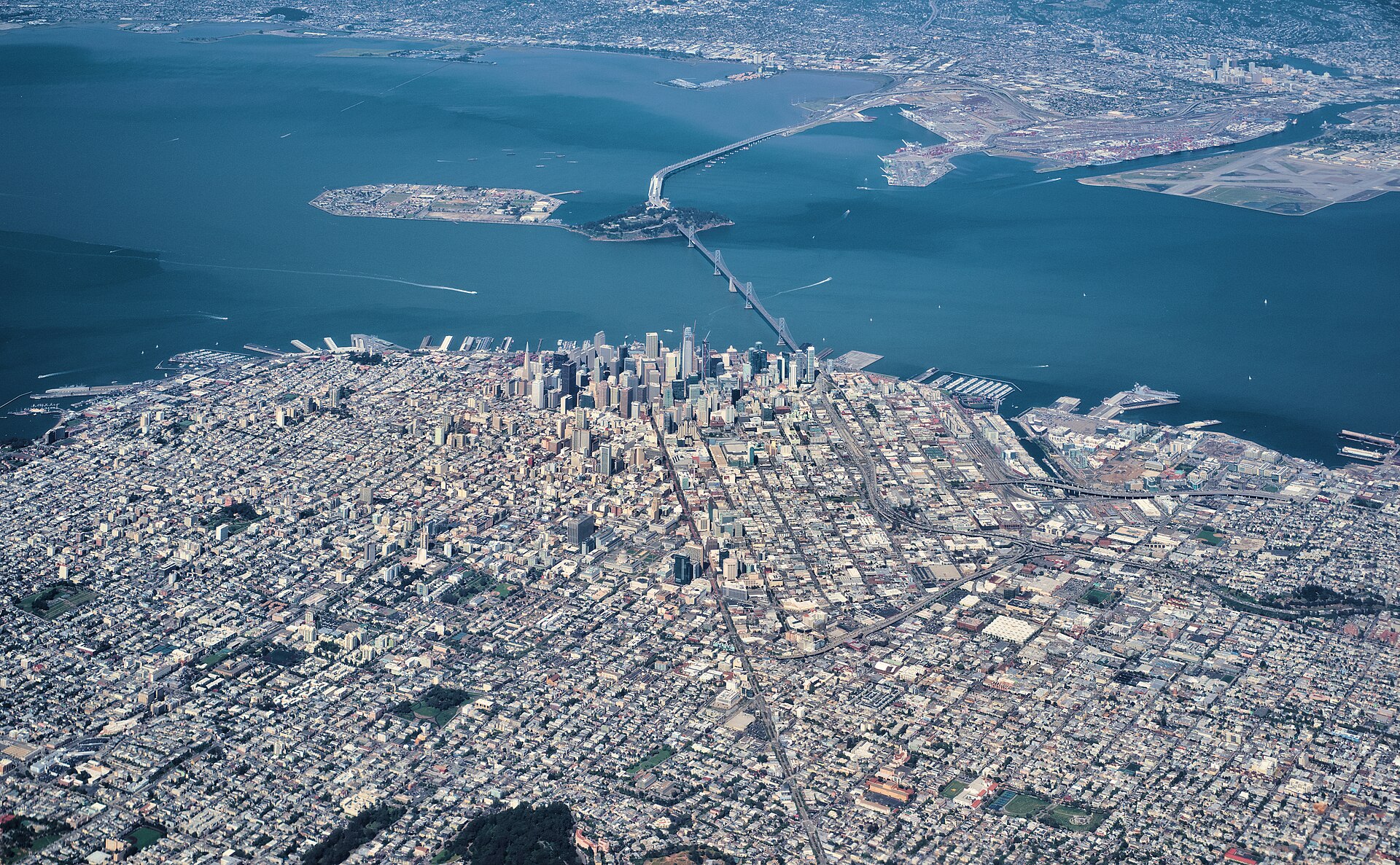 Aerial view of San Francisco and the Bay Bridge