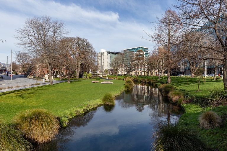 The River Avon seen from Gloucester Street Bridge in central Christchurch, New Zealand