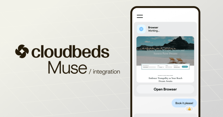 Cloudbeds and Muse integration graphic showing an AI agent booking a beach hotel on a phone