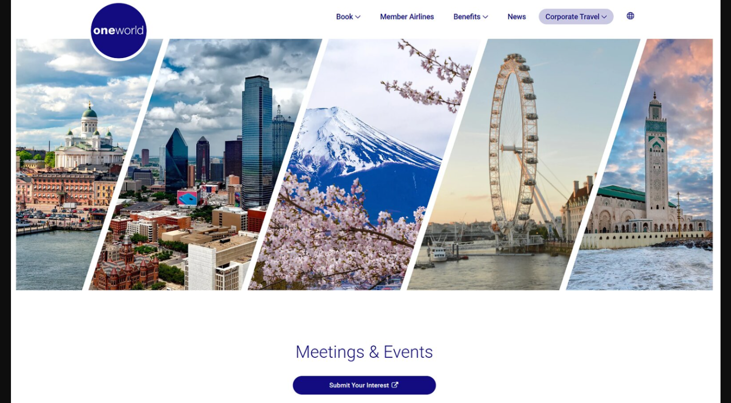 oneworld Meetings & Events landing page showing five destination images
