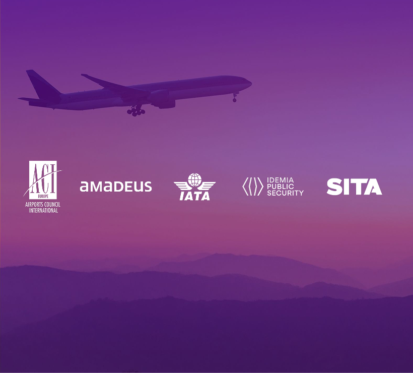 Responsible Biometrics Travel Industry Coalition graphic with ACI EUROPE, Amadeus, IATA, IDEMIA Public Security and SITA logos