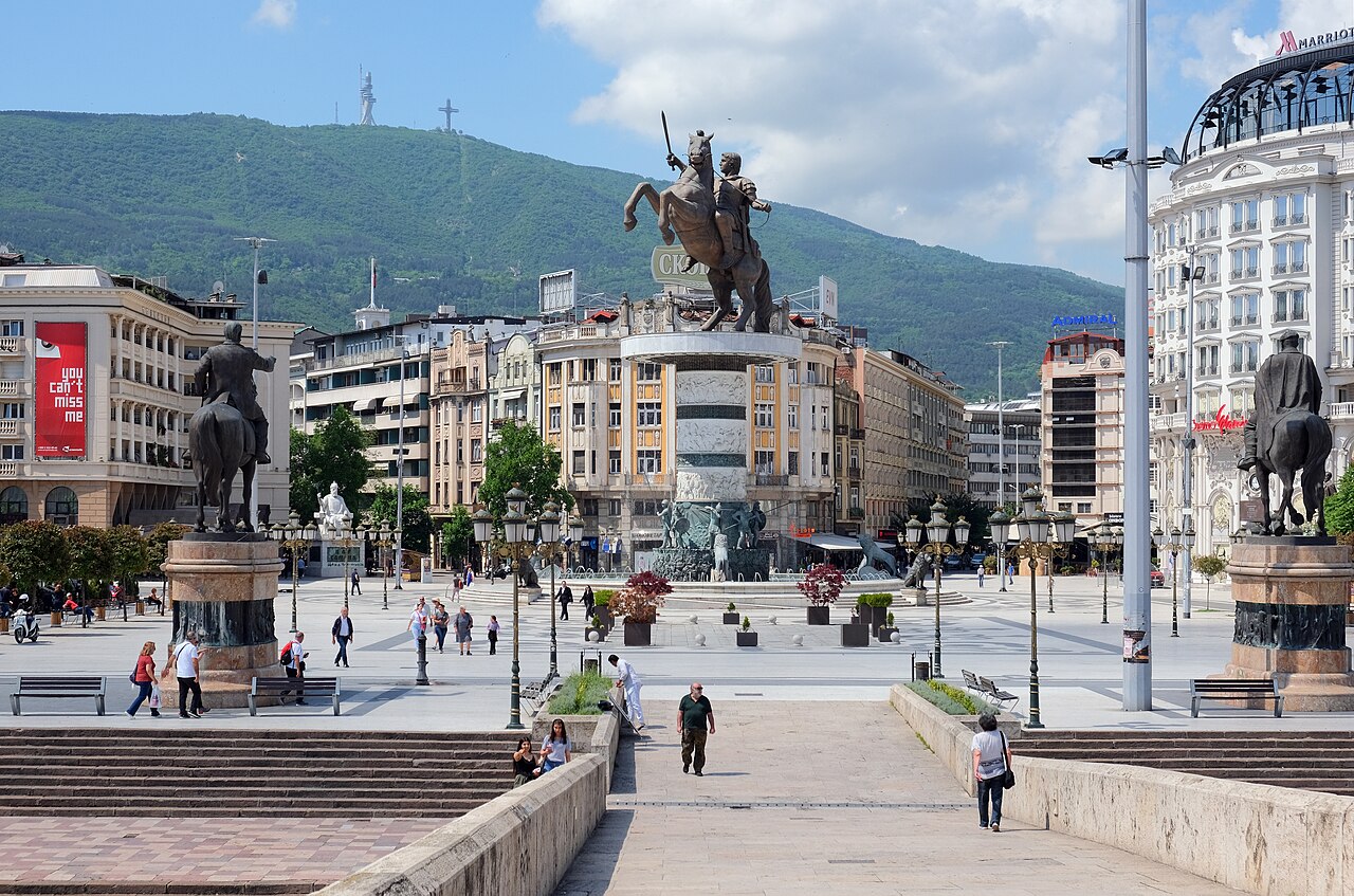 Macedonia Square in Skopje seen from the Stone Bridge