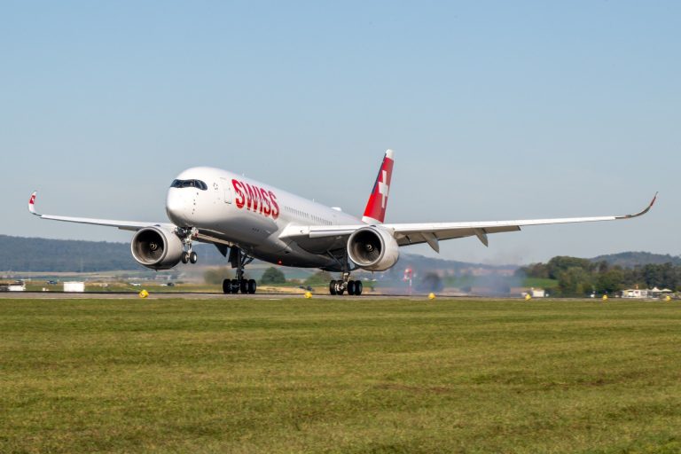 A SWISS Airbus A350 taking off at Zurich Airport