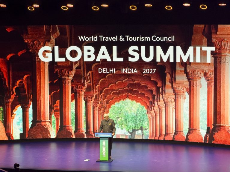 Screen announcing the WTTC Global Summit 2027 in Delhi, India, at the Malta summit